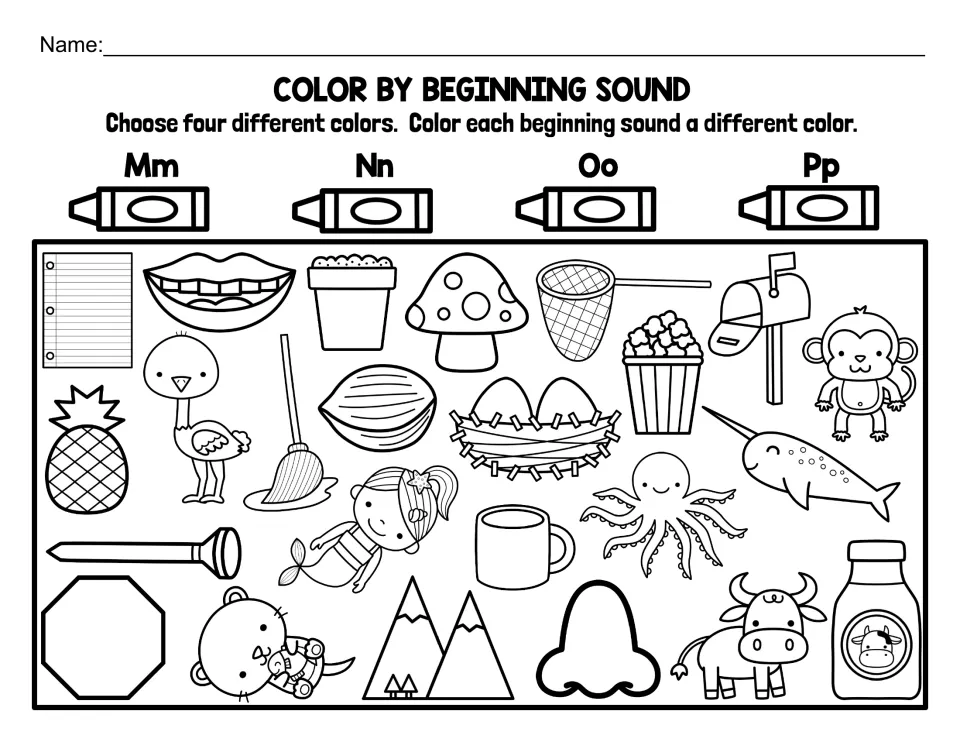 Letters M, N, O and P: students color mouth, nest, octopus, pineapple and other pictures sorted by first sound