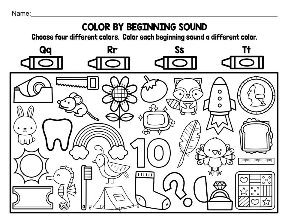 Letters Q, R, S and T: students color quail, rocket, sun, tooth and other pictures by matching the initial letter sound