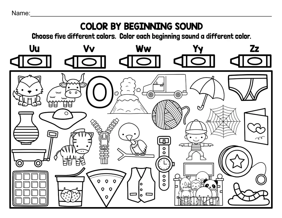 Letters U, V, W, Y and Z: students choose five colors for umbrella, van, watch, yo-yo, zebra and other pictures