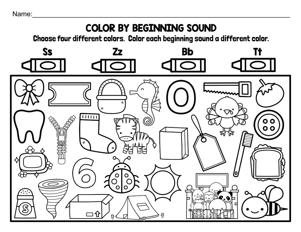 Mixed review of S, Z, B and T: students color sock, zipper, button, tent and more, telling similar sounds apart