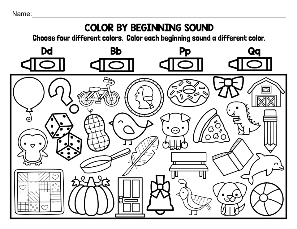 Mixed review of D, B, P and Q: students color dice, bike, pig, quilt and more to sort letters that are easy to reverse