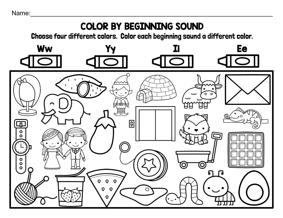Mixed review of W, Y, I and E: students color wagon, yarn, igloo, elephant and other pictures by first sound