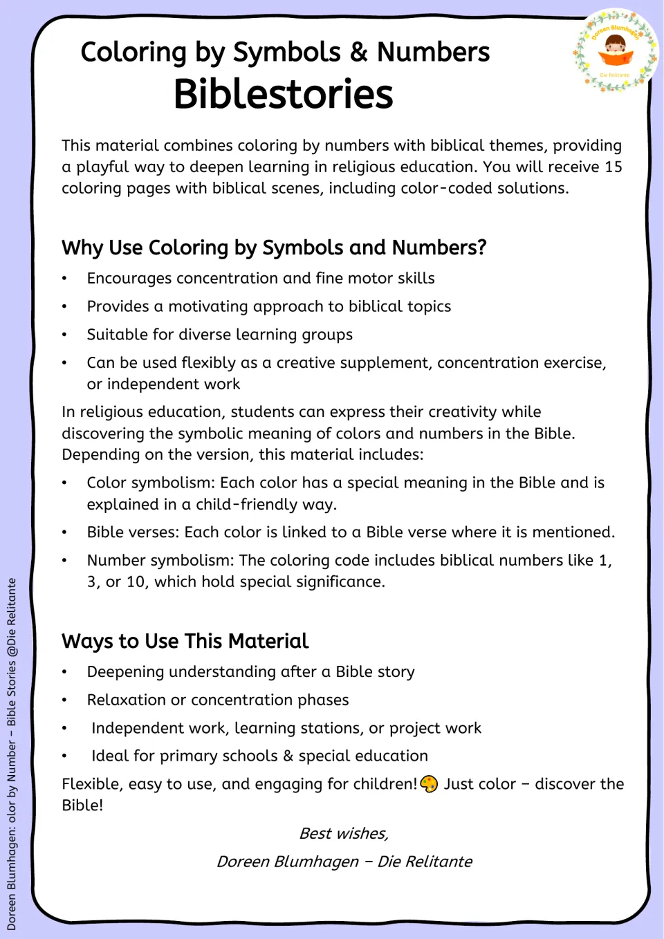 Teacher introduction to coloring by symbols and numbers: 15 Bible scenes, color meanings, Bible verses and ways to use them