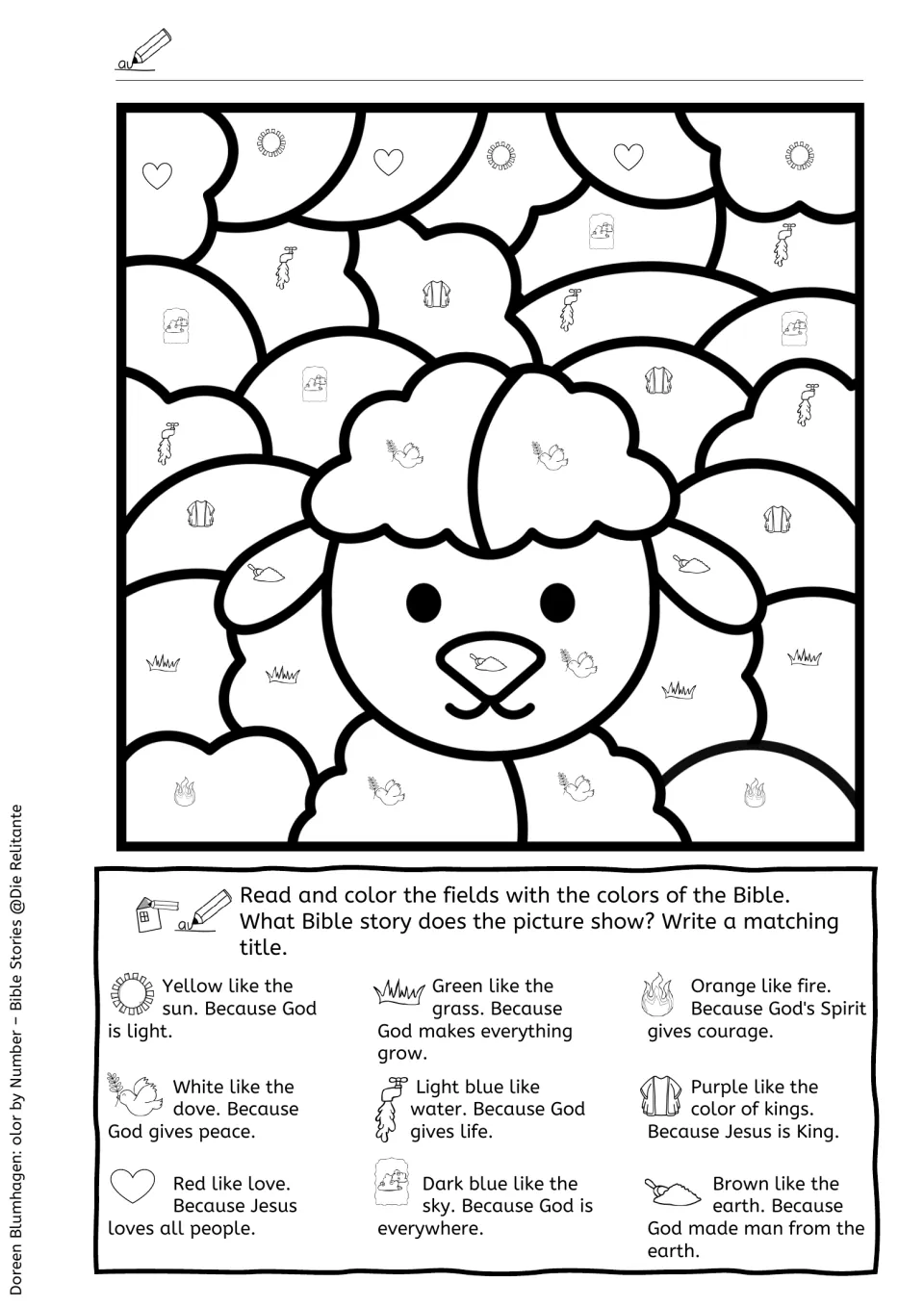 Lamb color-by-symbol scene: students match sun, dove, heart and robe symbols to Bible color meanings, then title the story
