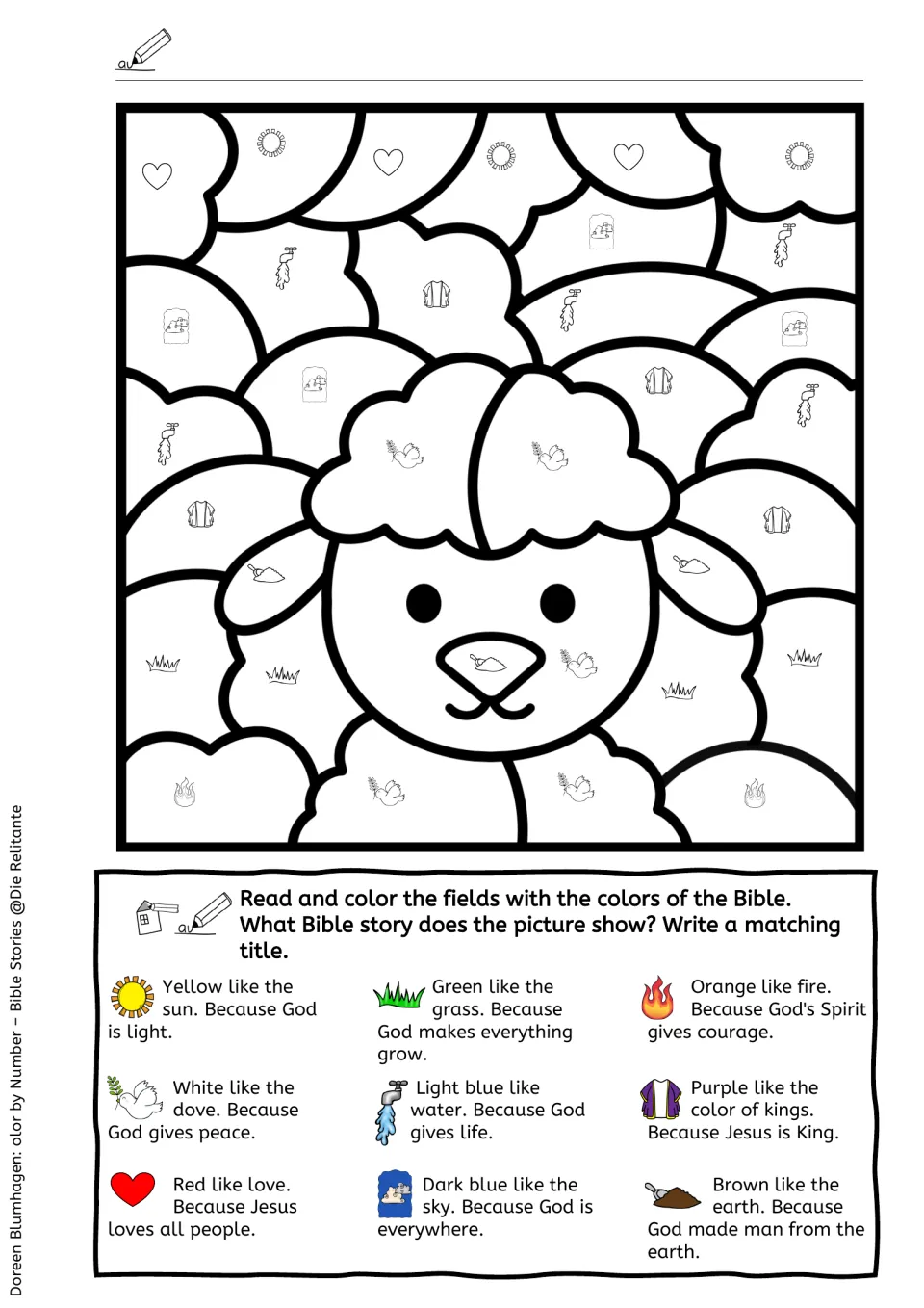 Lamb color-by-symbol scene with a full-color symbol key, so students see each Bible color before naming the story