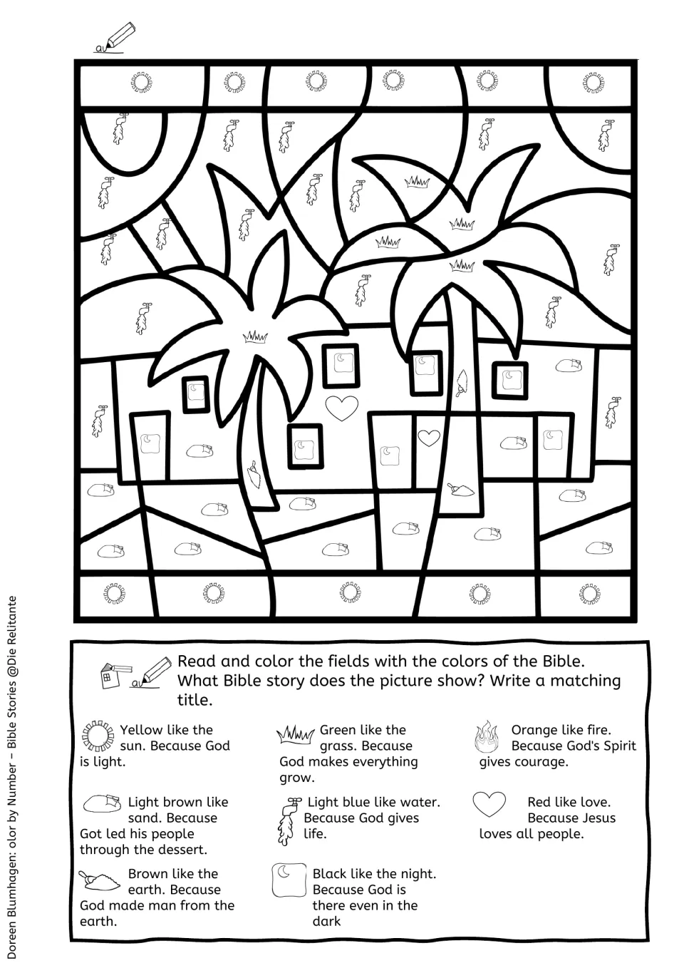 Palm trees and village color-by-symbol: students color sand, water, night and sun fields, then write a Bible story title