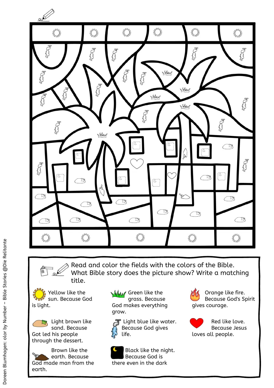 Palm trees and village scene with a colored key showing light brown for sand, black for night and other Bible color meanings