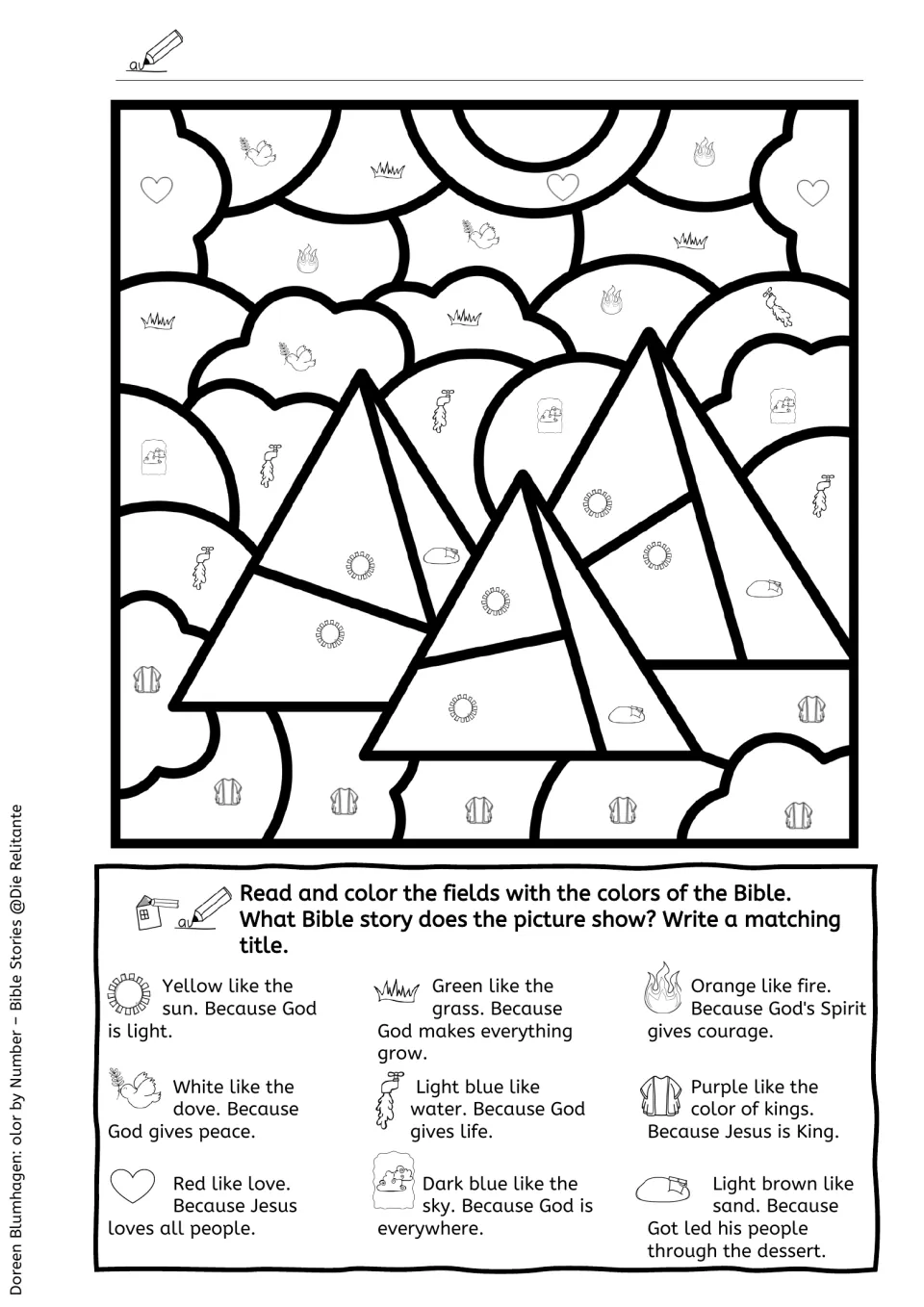 Pyramids color-by-symbol scene: students color sun, sand, purple robe and dove fields, then name the Bible story shown