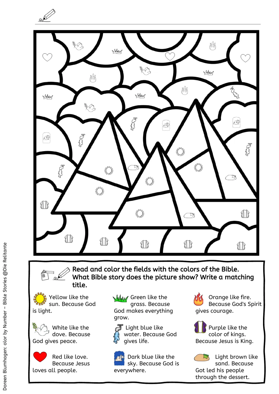 Pyramids scene with a full-color key linking purple to kings, light brown to sand and yellow to light; students add a title