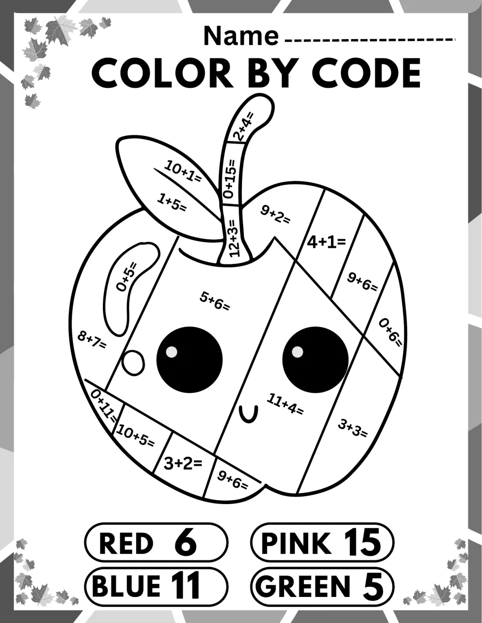 Apple color by code: students solve addition facts like 9+2 and 0+15, then color sums 6 red, 11 blue, 15 pink, 5 green