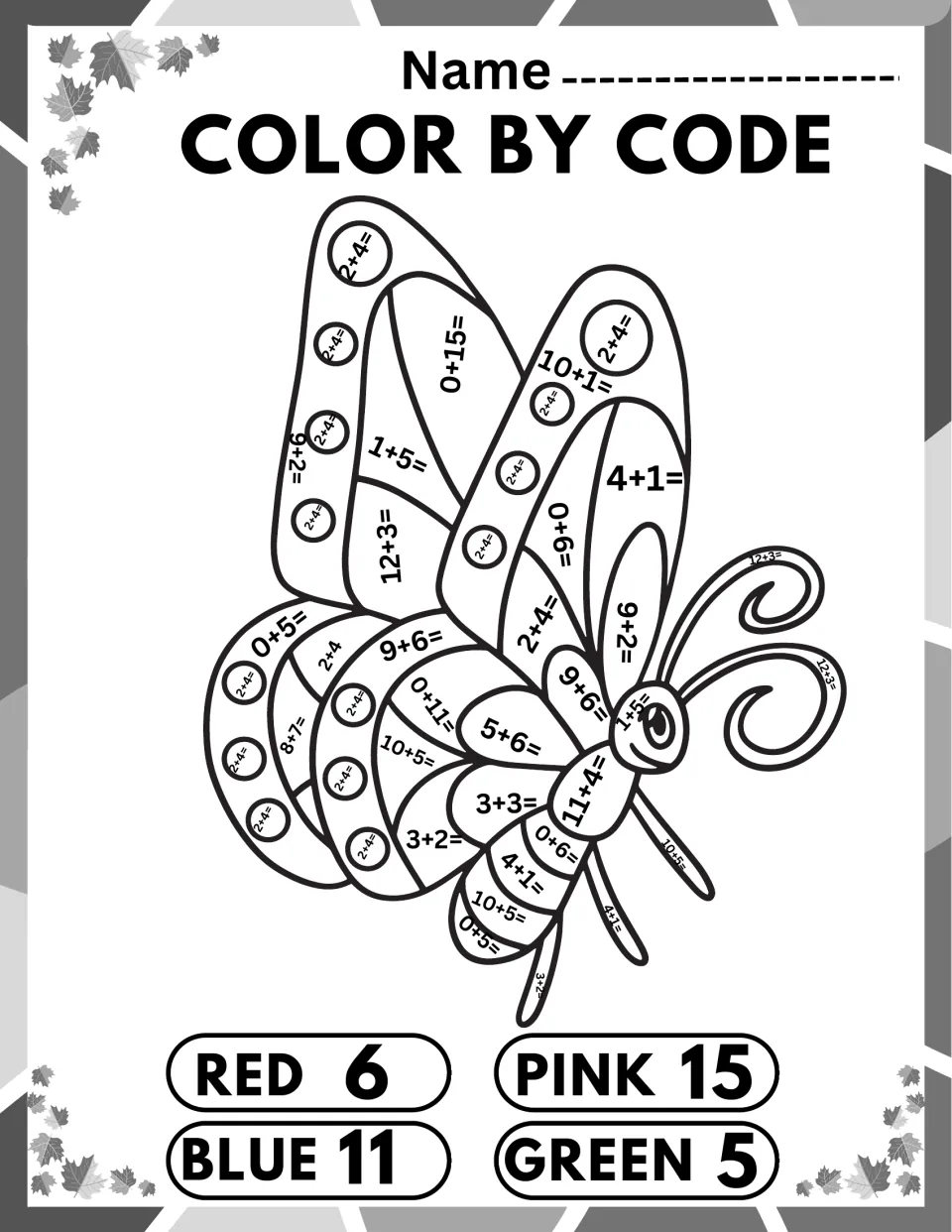 Butterfly color by code: students solve sums such as 2+4, 10+1 and 8+7 and color each part by the red 6, blue 11 key