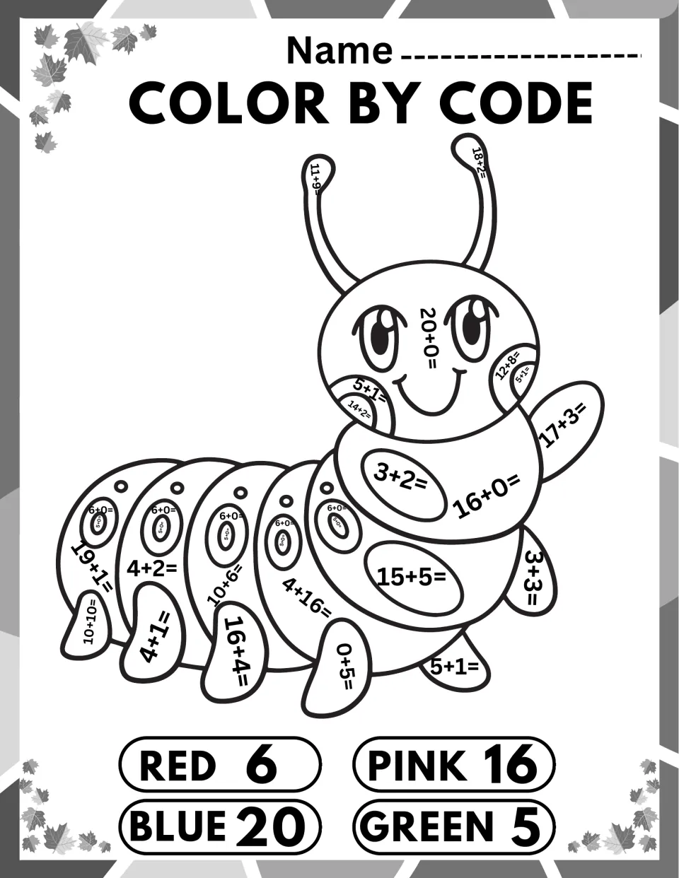 Caterpillar color by code: students add facts to 20 like 11+9 and 16+4, coloring 6 red, 20 blue, 16 pink, 5 green
