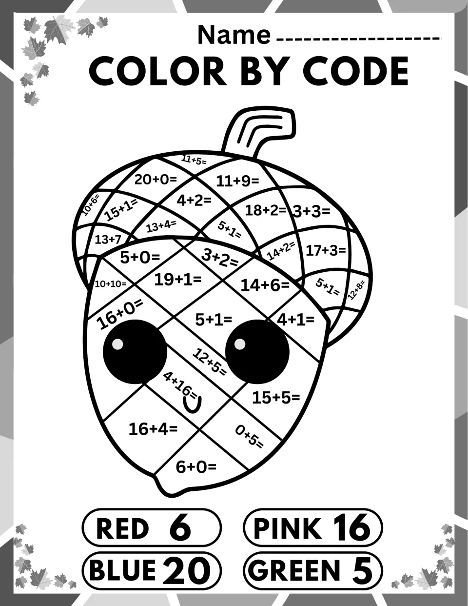 Acorn color by code: students solve sums such as 18+2, 13+4 and 5+1, then shade by the key of 6, 20, 16 and 5