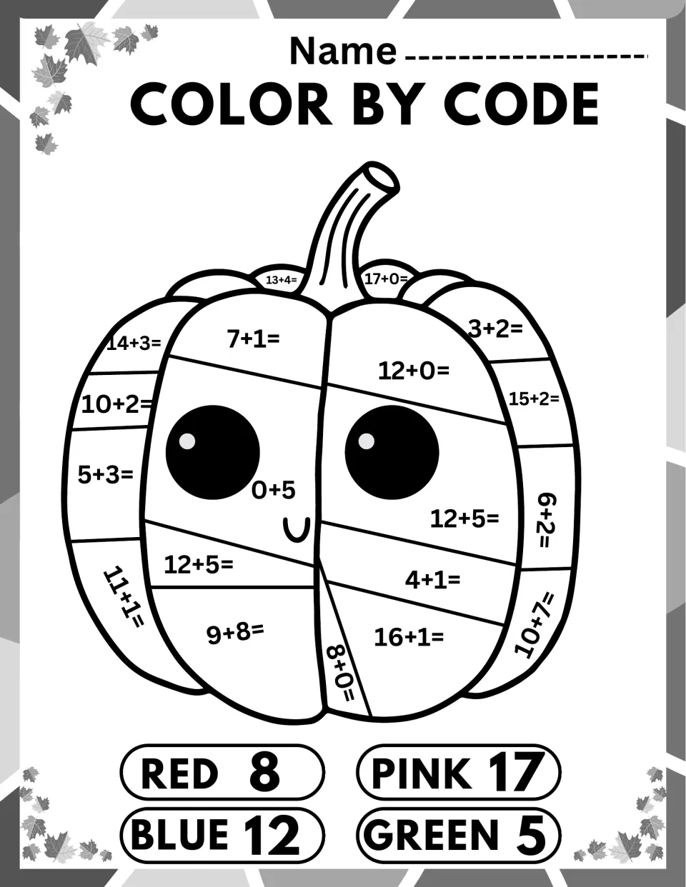 Pumpkin color by code: students add facts like 9+8, 10+2 and 7+1, coloring 8 red, 12 blue, 17 pink and 5 green