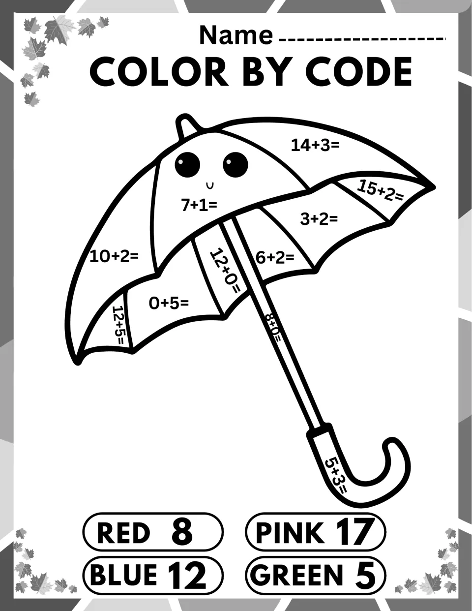 Umbrella color by code: students solve 14+3, 6+2, 12+0 and more, then color by the 8, 12, 17 and 5 key