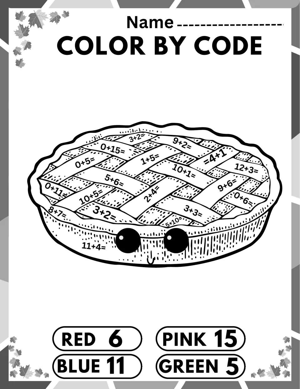 Lattice pie color by code: students solve sums such as 0+15, 8+7 and 3+2 and color each strip by the 6, 11, 15, 5 key