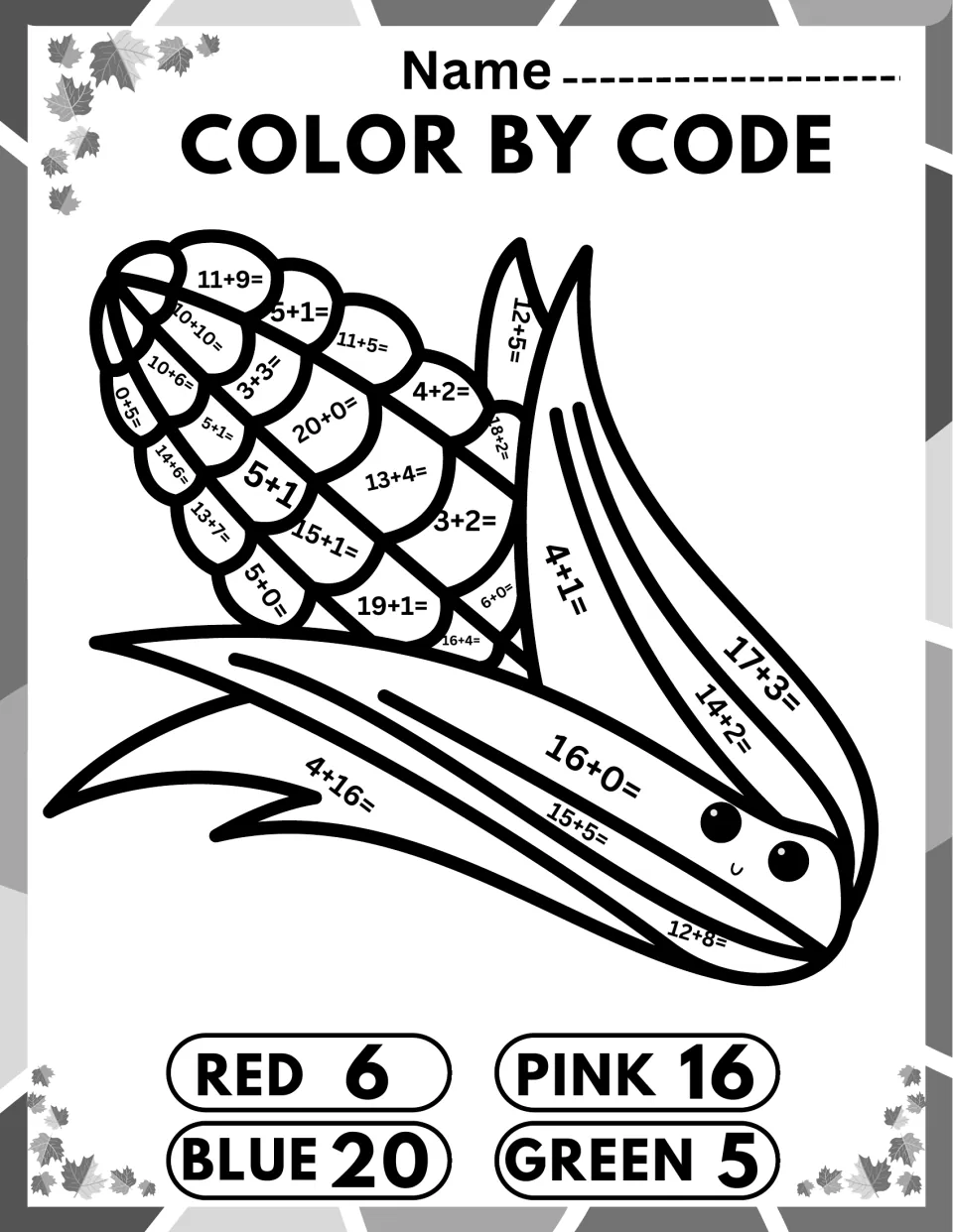 Corn cob color by code: students solve facts like 20+0, 13+7 and 17+3 and color kernels and husk by sums 6, 20, 16, 5