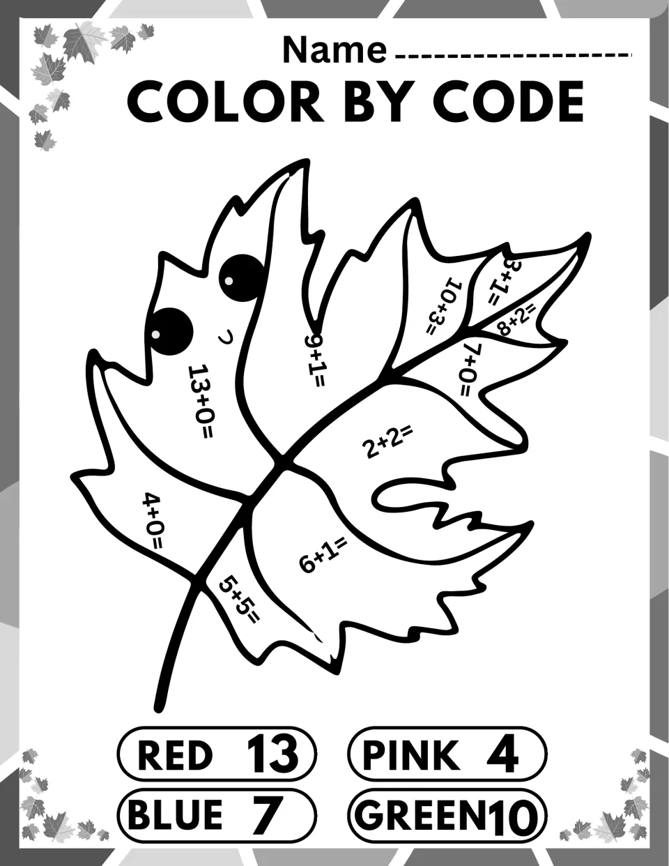 Maple leaf color by code: students add 13+0, 6+1, 8+2 and 3+1, then color sums 13 red, 7 blue, 4 pink, 10 green