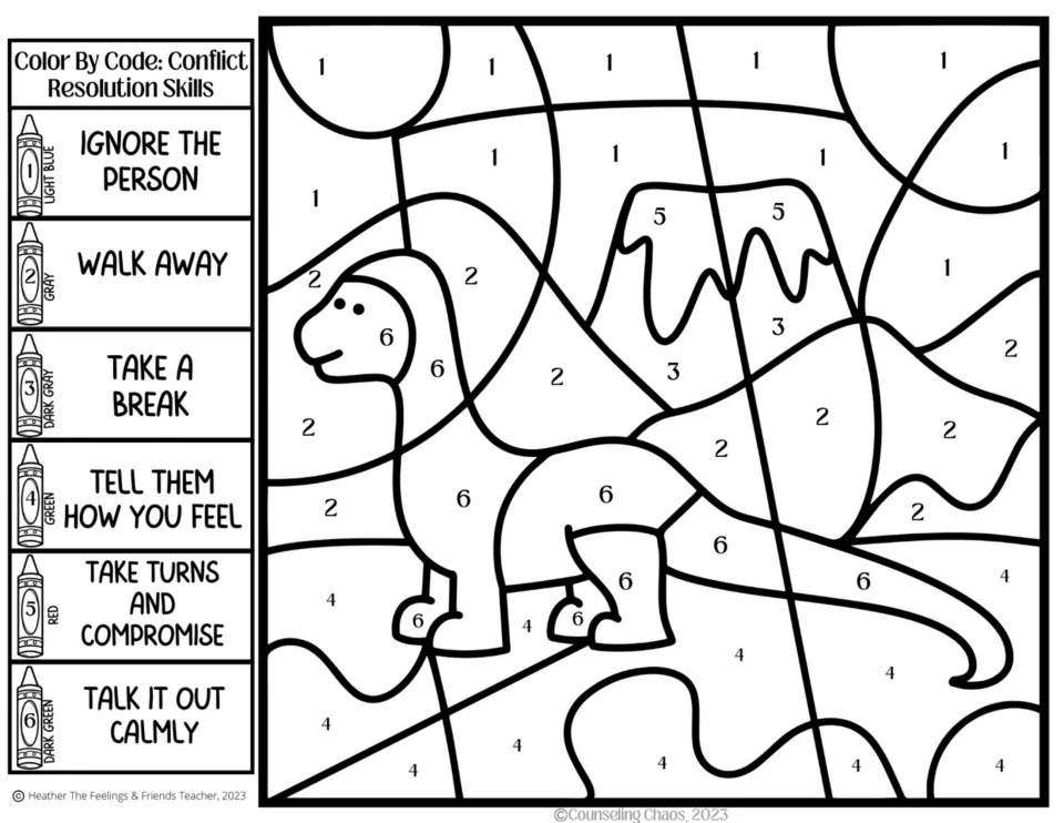 Conflict resolution color by code: students color a dinosaur by a volcano, matching 6 skills like walk away to colors