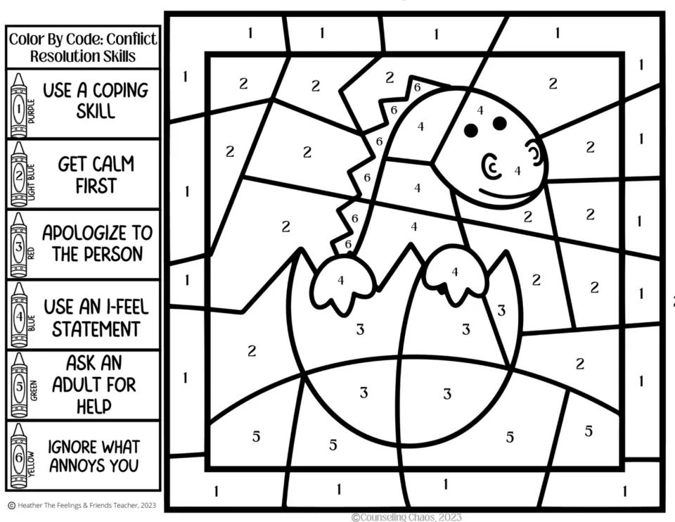 Hatching dinosaur color by code: each number stands for a skill such as get calm first or use an I-feel statement