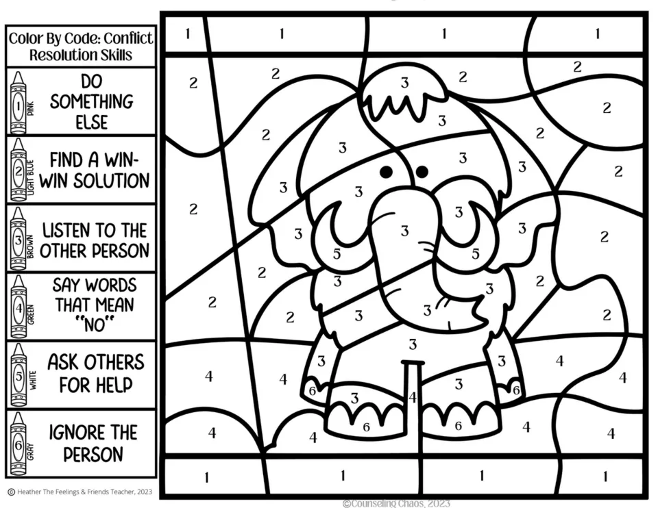 Woolly mammoth color by code: students color by six conflict skills, including find a win-win solution and listen