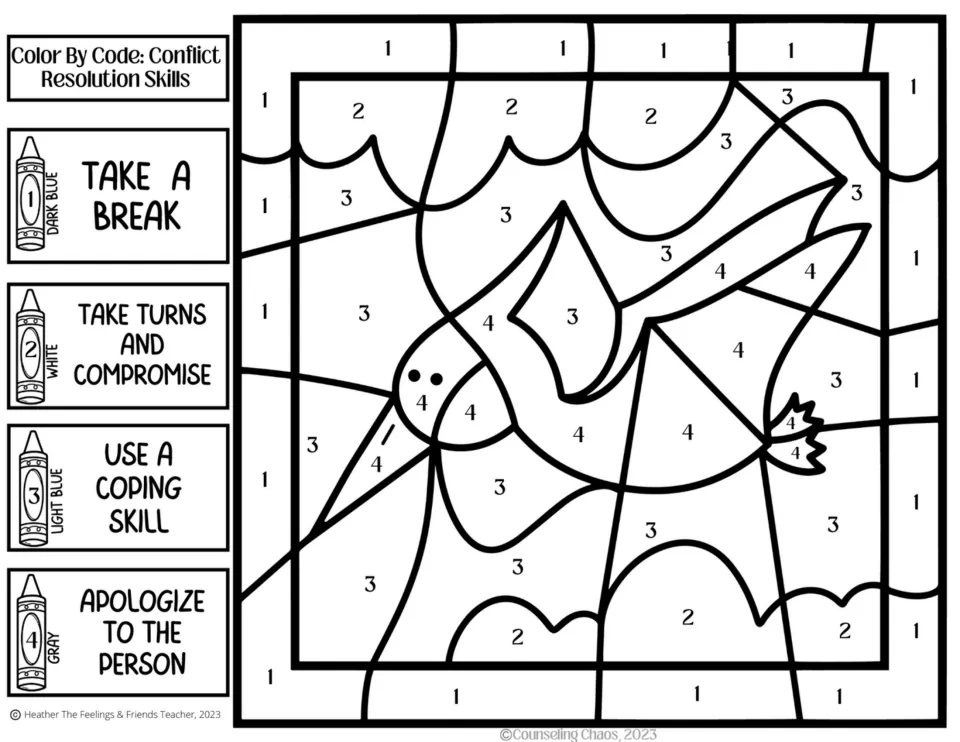 Flying bird color by code with four skills: take a break, take turns and compromise, use a coping skill, apologize