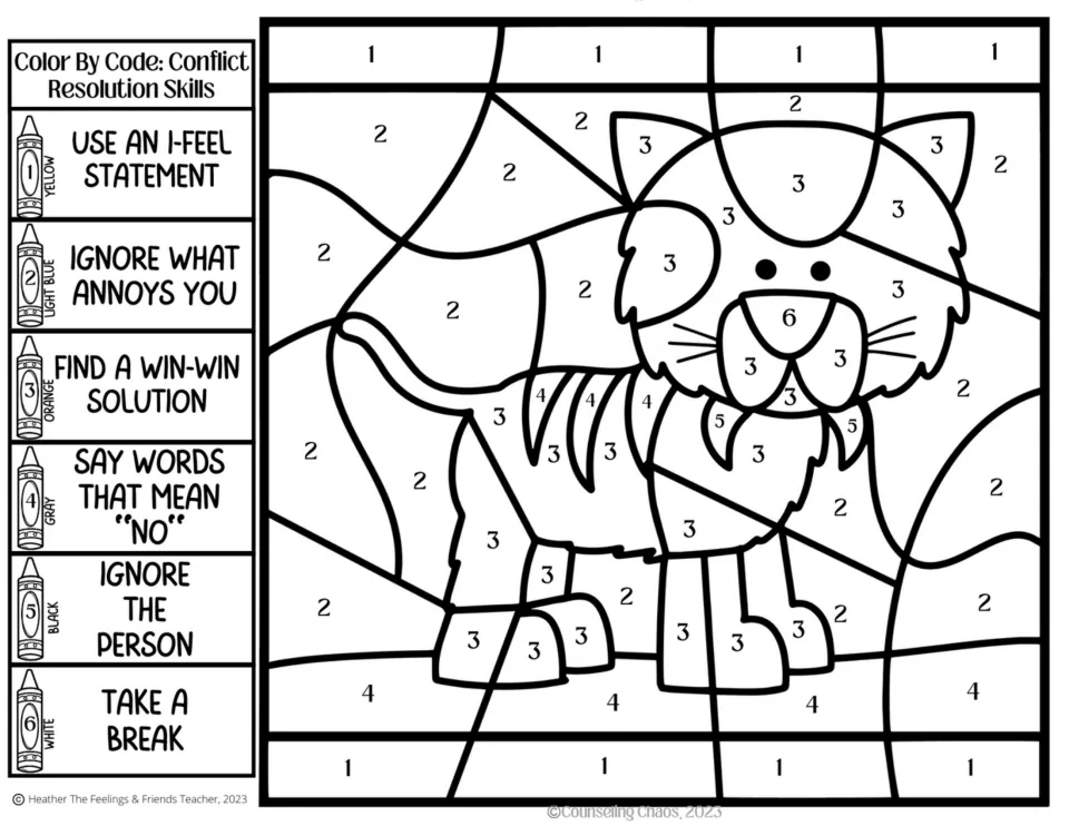 Tiger color by code: students color using six conflict skills such as say words that mean no and ignore the person