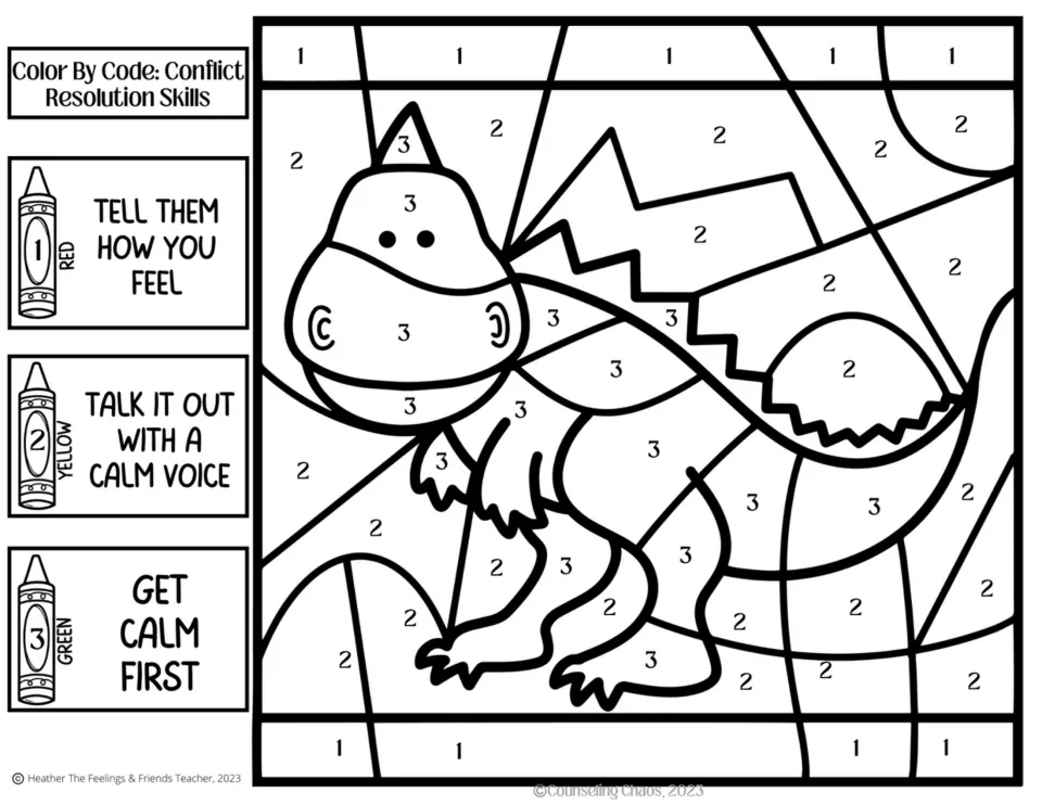 Standing dinosaur color by code with three skills: tell them how you feel, talk it out with a calm voice and get calm first