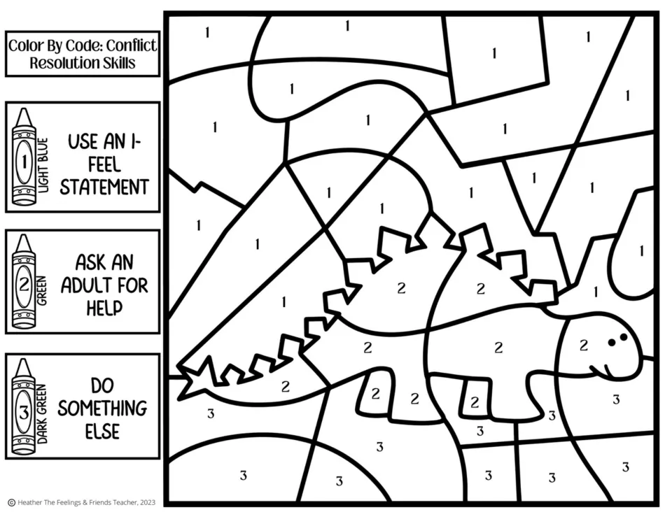 Stegosaurus color by code with three skills: use an I-feel statement, ask an adult for help and do something else