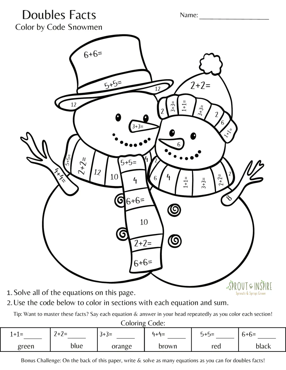 Snowmen doubles practice: solve 1+1 through 6+6 and color sections labeled with equations or matching sums.