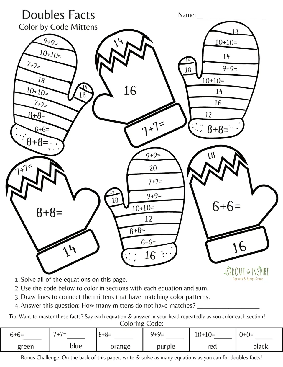 Mitten doubles practice: solve 6+6 through 10+10, color six mittens, and connect matching color patterns.