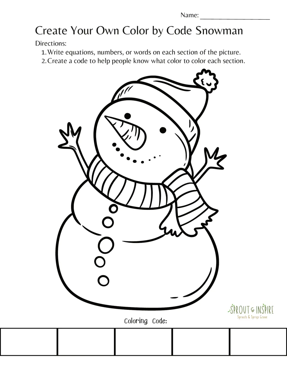 Custom color-by-code snowman template: add equations, numbers, or words to the picture and create a color code.