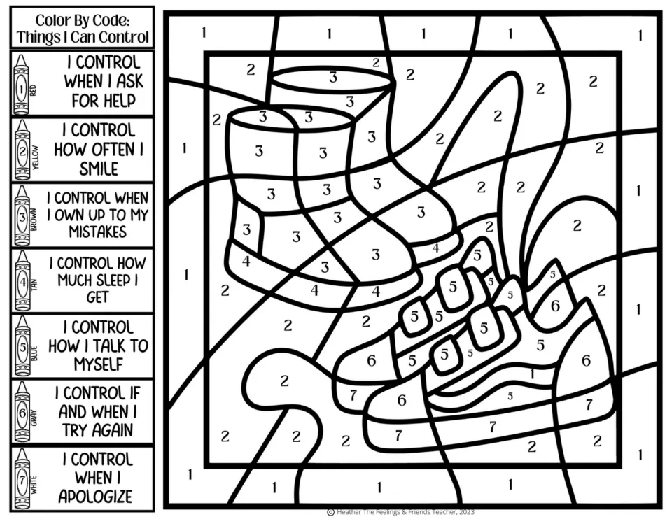 Self-control color code: students color boots and sneakers using 7 statements, from smiling and sleep to trying again