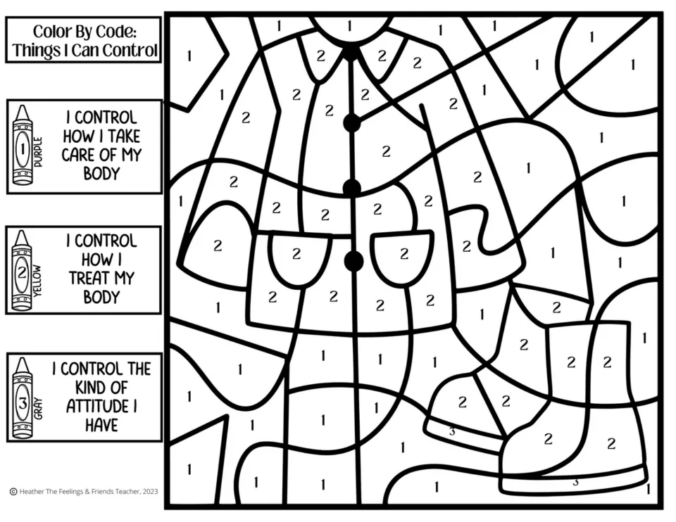 Coat and boots color by code: students follow 3 statements about caring for my body, treating my body and my attitude