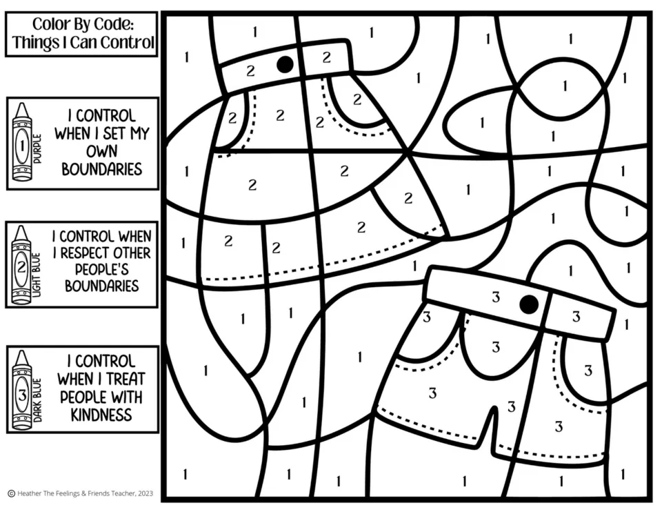 Boundaries color by code: students color a skirt and shorts by codes for setting boundaries, respecting others and kindness