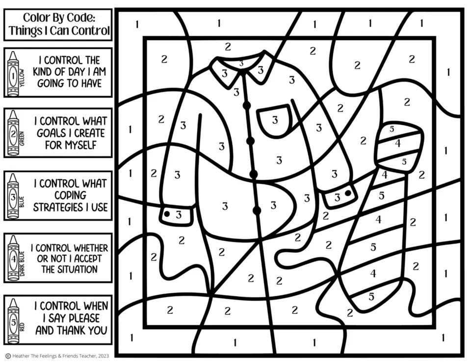 Shirt and tie coloring: students use 5 codes, such as goals I create, coping strategies I use and please and thank you