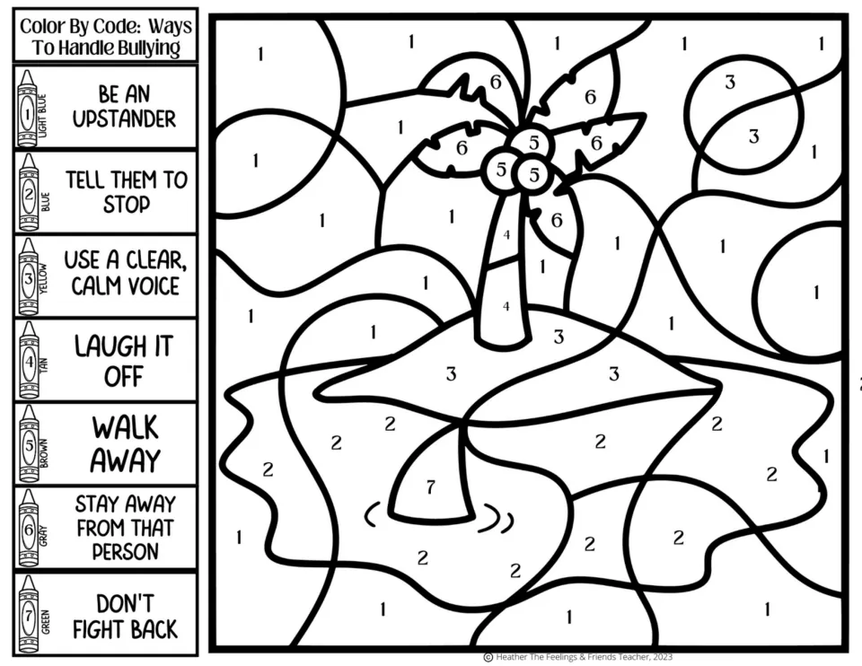 Bullying-strategy coloring activity 1: an island and shark fin, with codes for walking away and six more