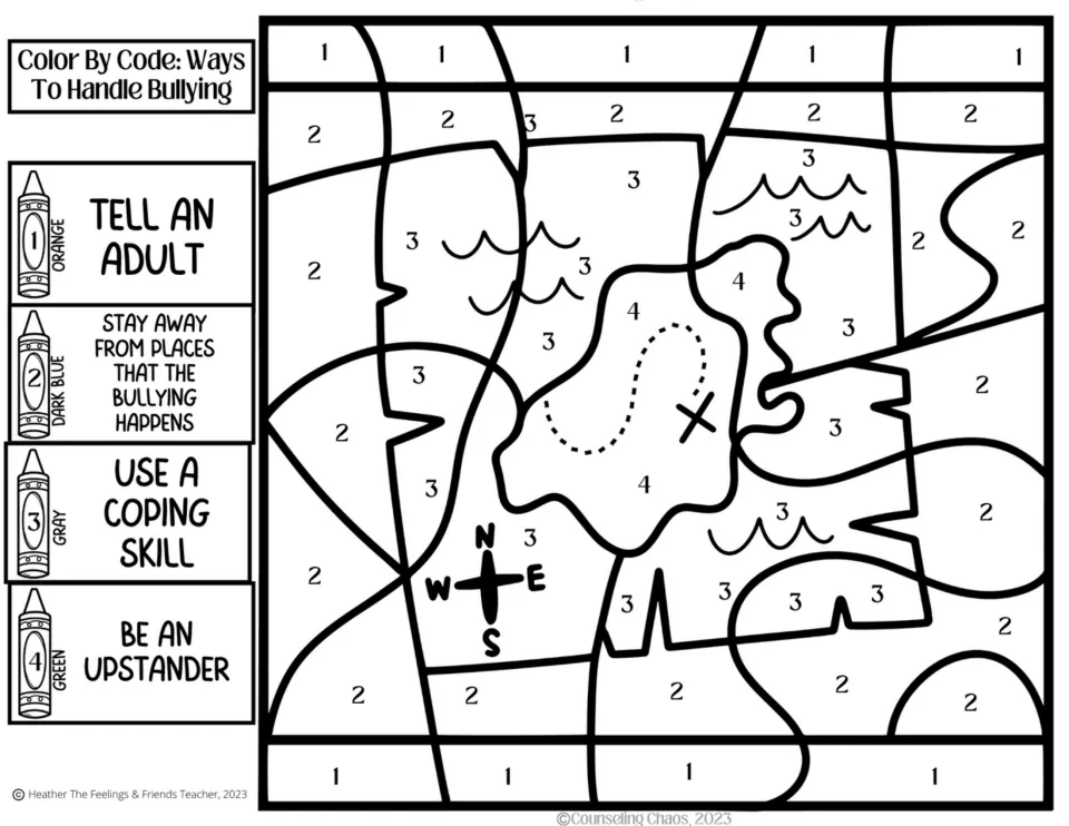 Bullying-strategy coloring activity 2: a treasure map, with codes for telling an adult and three more
