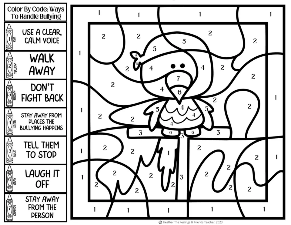 Bullying-strategy coloring activity 3: a pirate parrot, with codes for using a calm voice and six more
