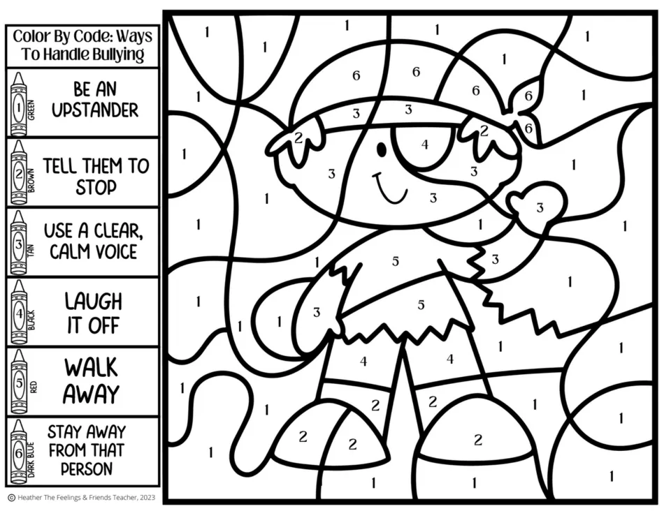 Bullying-strategy coloring activity 4: a pirate with a hook, with codes for being an upstander and five more