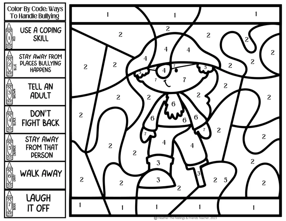 Bullying-strategy coloring activity 5: a pirate with a peg leg, with codes for a coping skill and six more