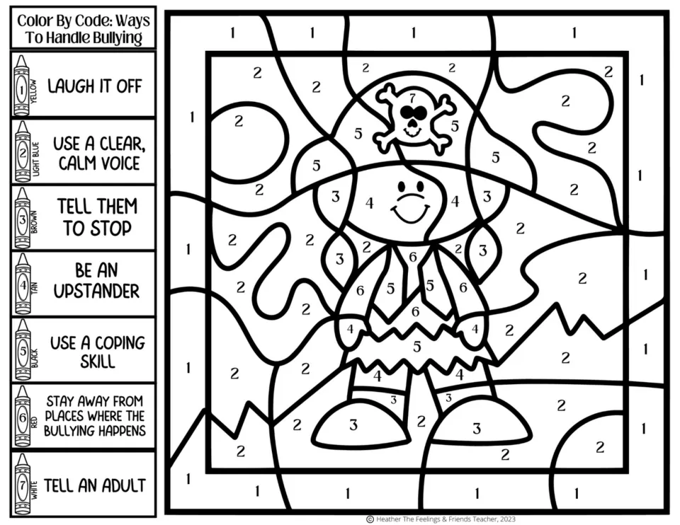 Bullying-strategy coloring activity 6: a pirate wearing a skull hat, with codes for a calm voice and six more