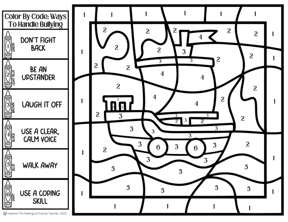 Bullying-strategy coloring activity 7: a side-view pirate ship, with codes for walking away and five more