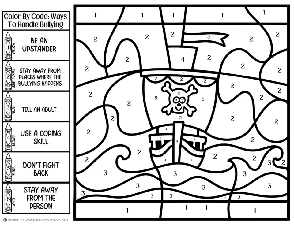 Bullying-strategy coloring activity 8: a ship with a skull sail, with codes for telling an adult and five more