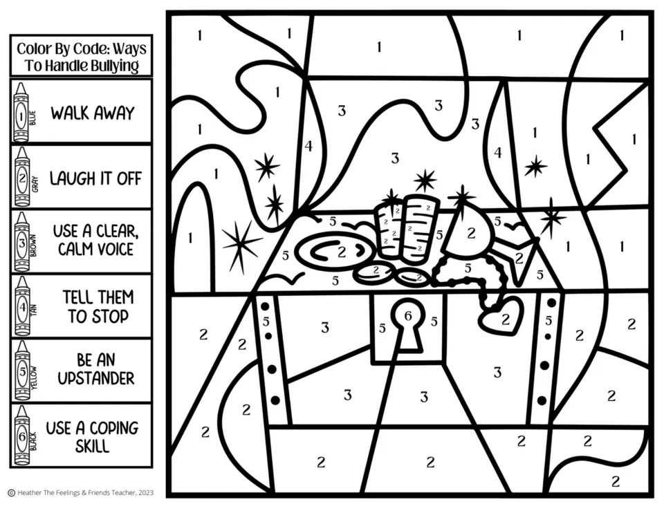 Bullying-strategy coloring activity 9: an open treasure chest, with codes for being an upstander and five more