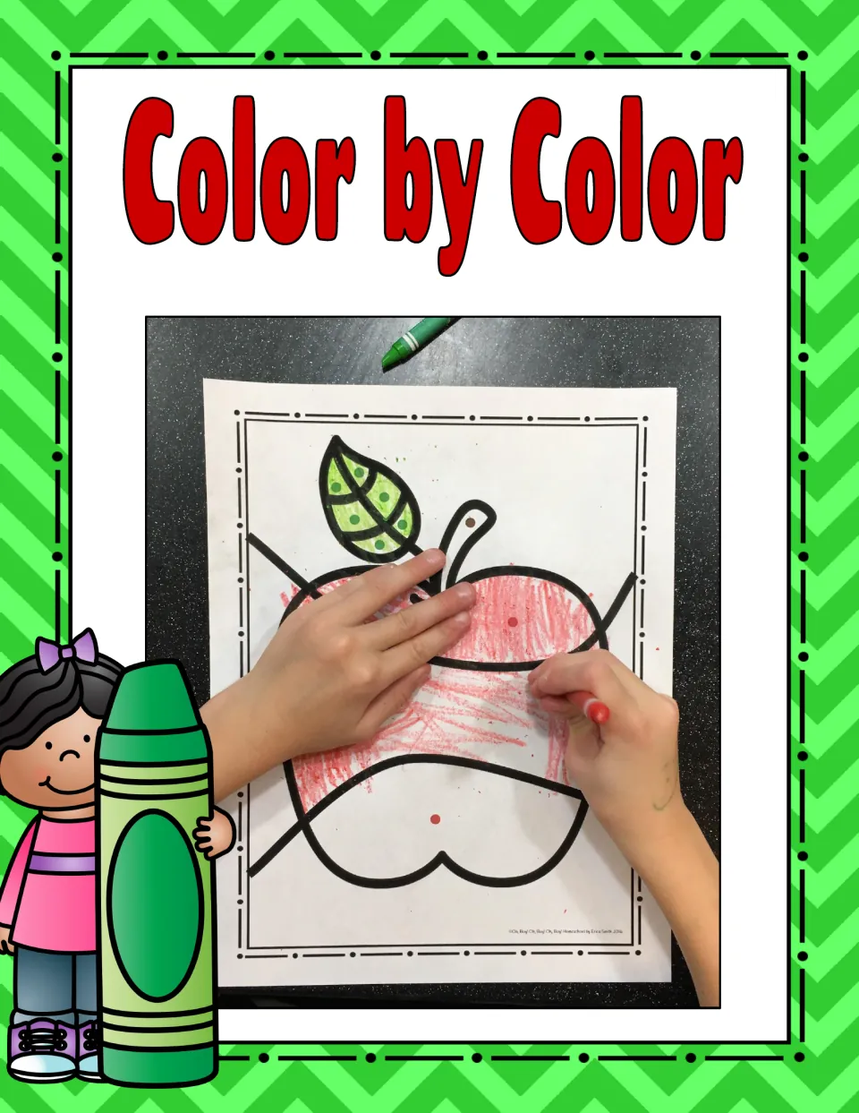 Color by Color cover showing a child coloring an apple worksheet by matching crayons to its colored dots
