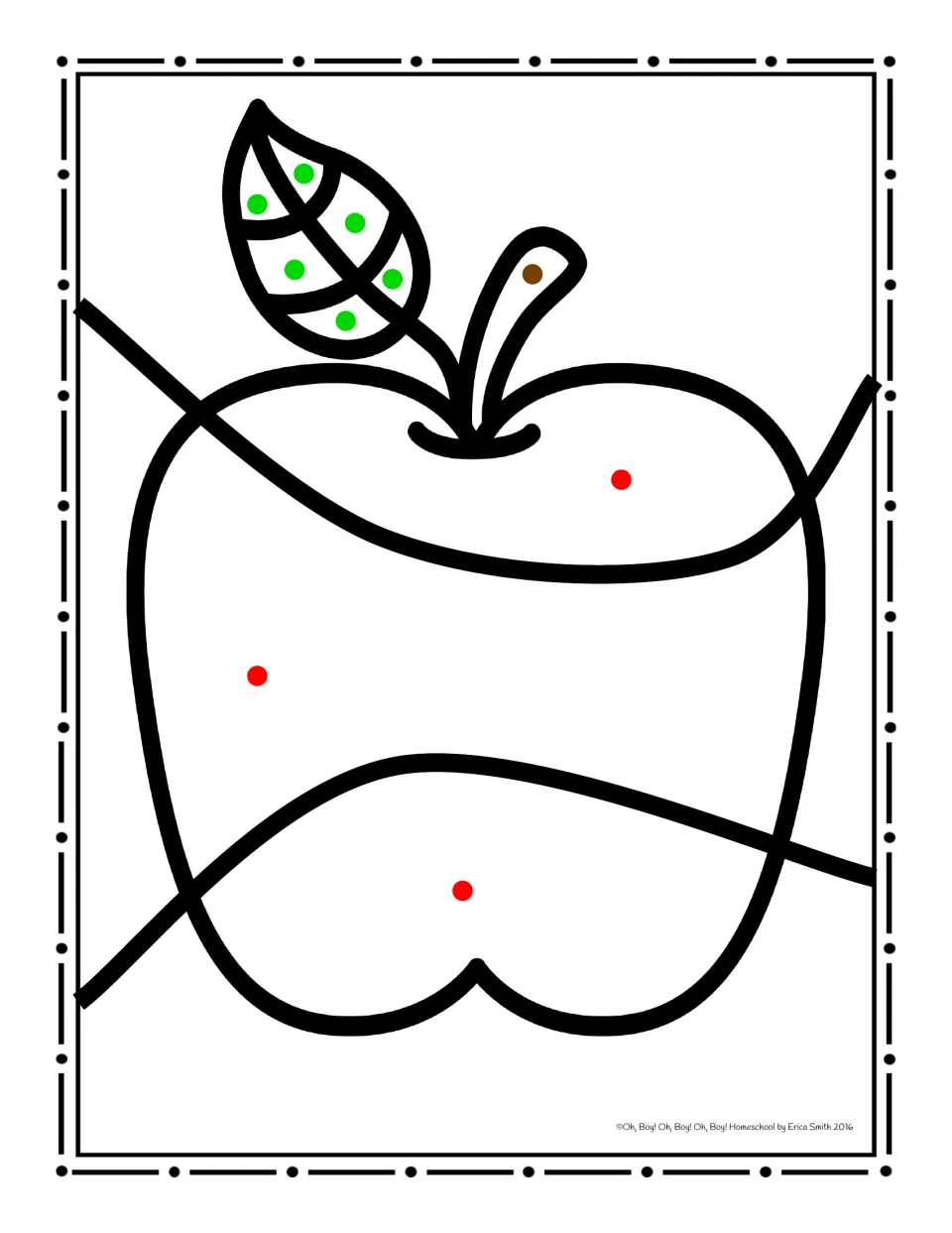 Apple coloring worksheet using red dots for the fruit, green dots for the leaf, and a brown dot for the stem