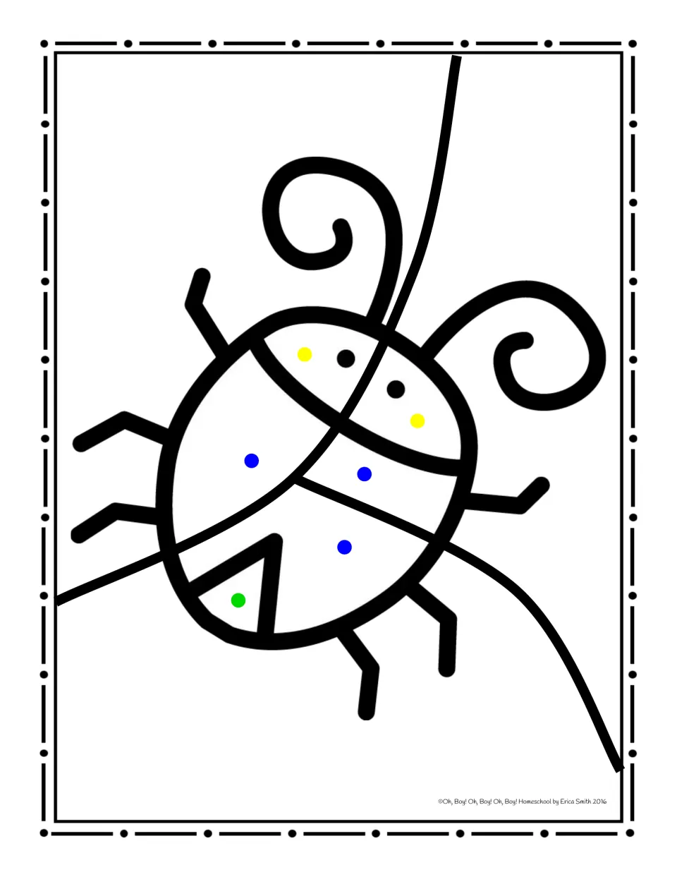 Bug coloring worksheet using yellow dots for the head, blue dots for the body, and a green dot at the bottom