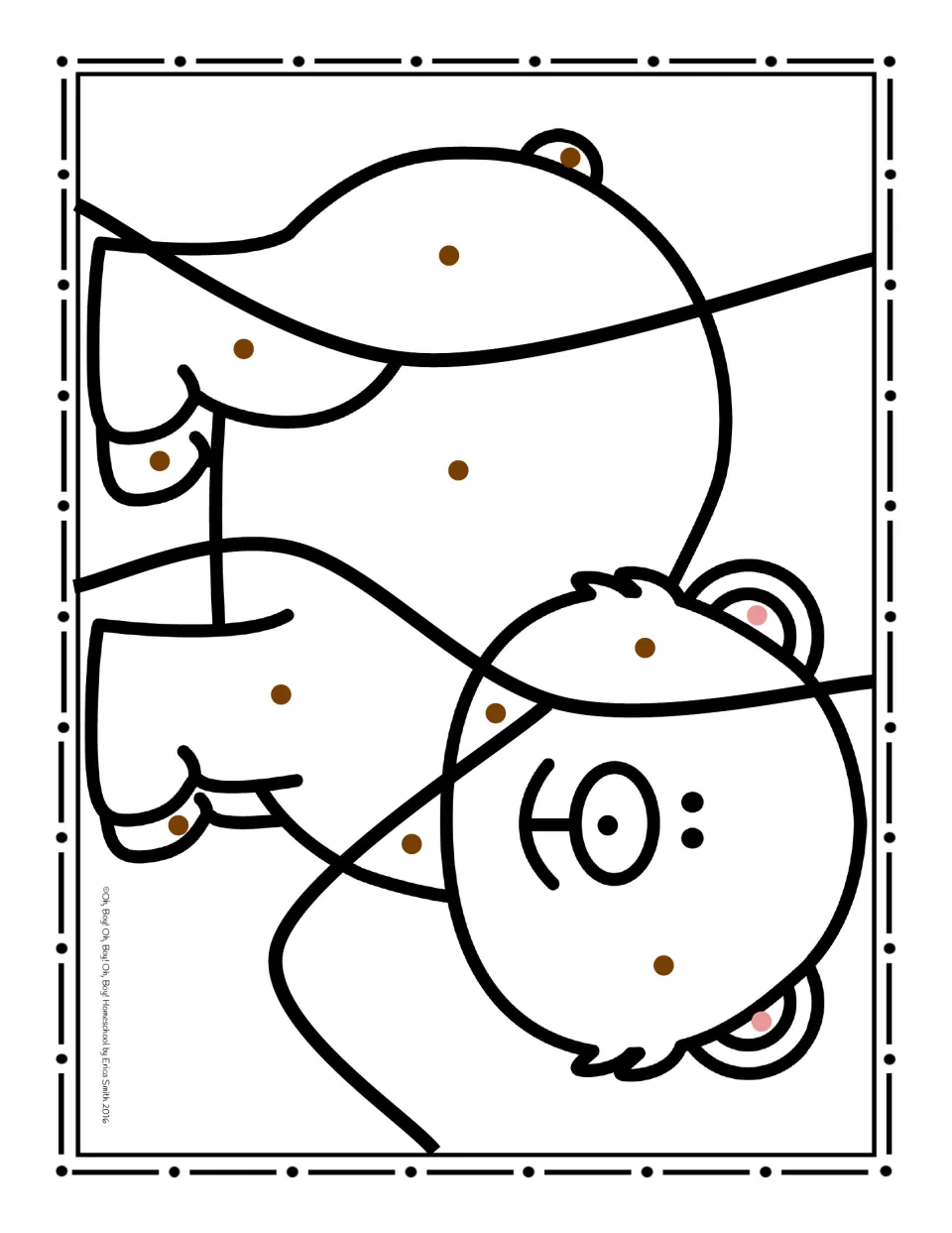 Bear coloring worksheet using brown dots across the head, body, and legs, plus pink dots inside the ears