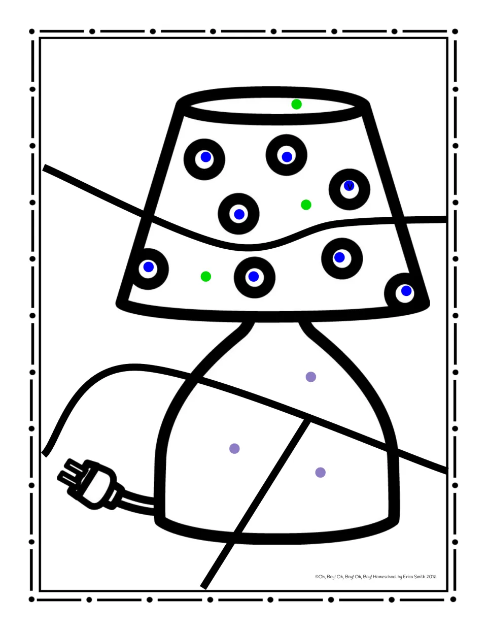 Lamp coloring worksheet using green dots for the shade, blue dots for its spots, and purple dots for the base